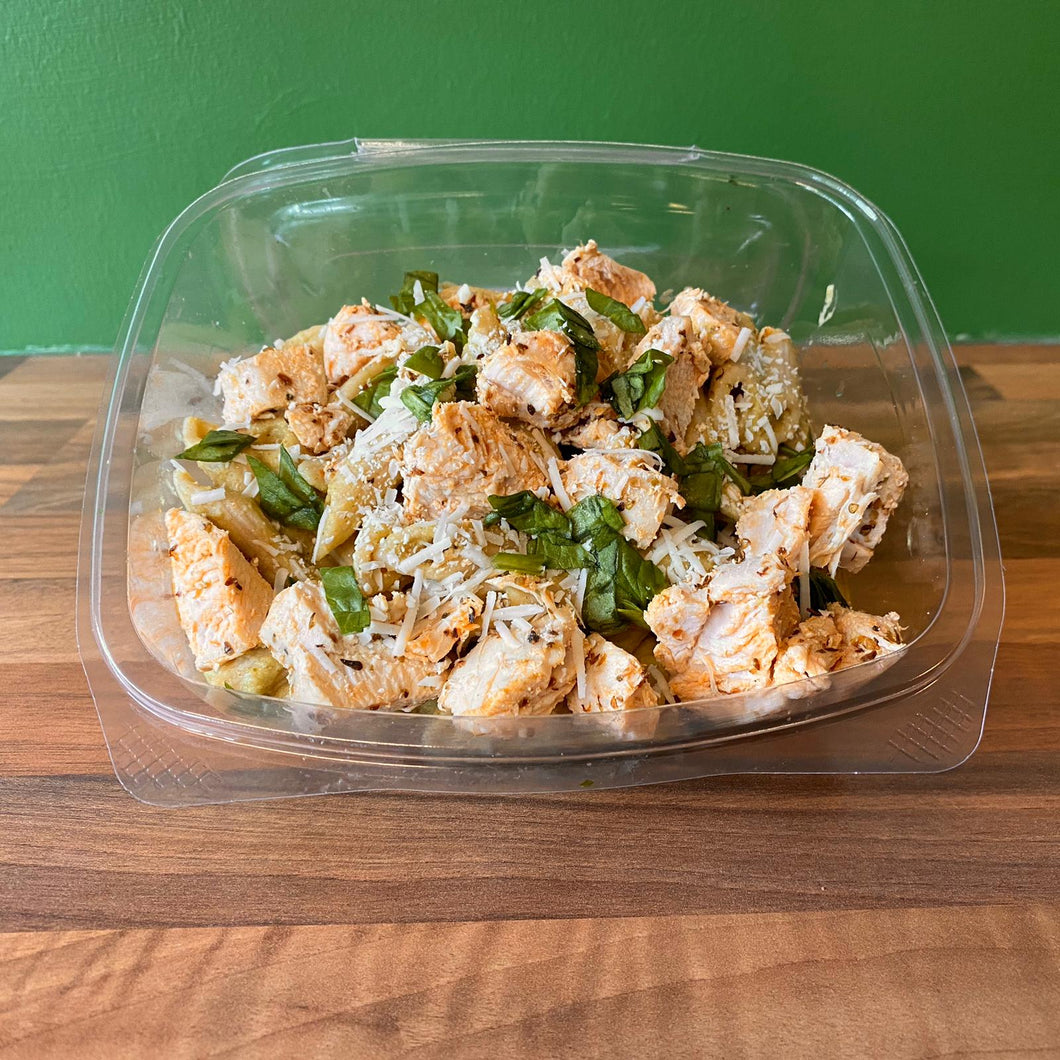 Whole Wheat Pasta in a Broccoli and Pesto Sauce with chicken and topped in parmesan cheese. Contains nuts.